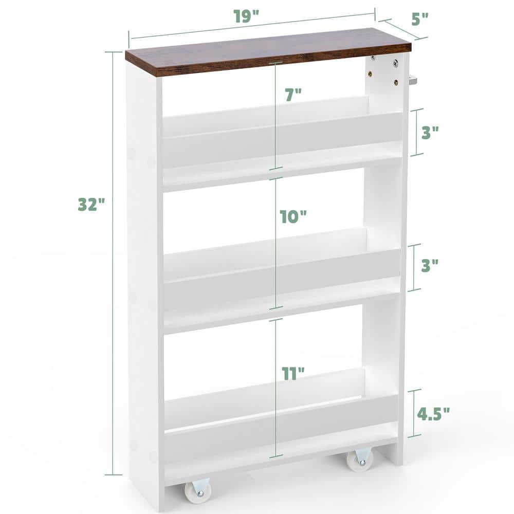 Rolling Kitchen White Slim Storage Cart Mobile Shelving Organizer with Handle - thumbnail 3