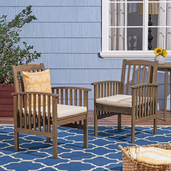 2-Pieces Outdoor Wood Dining Chairs in Gray with Beige Cushions for Garden