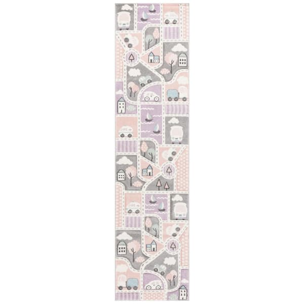 Carousel Kids 2 ft. x 8 ft. Gray/Pink Novelty Runner Rug