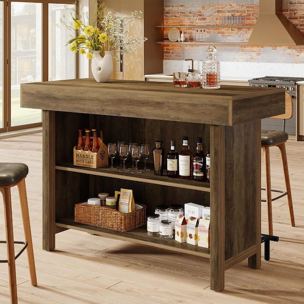 Rustic Brown 41.3 in.H Rectangle Wood Bar Table with 2-Tier Storage, Bar Height PubTable with Metal Footrest for Kitchen