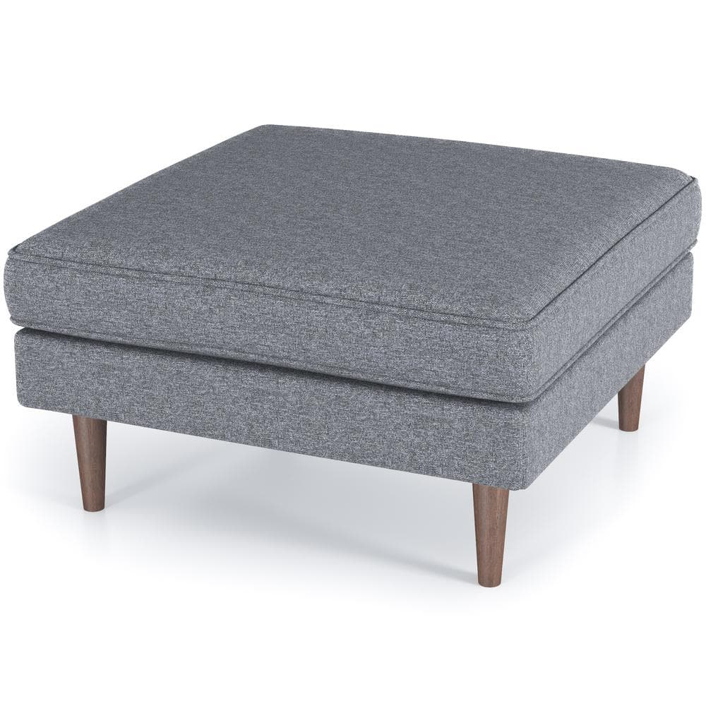 Modern Gray Linen Square Cocktail Ottoman with Solid Wood Legs