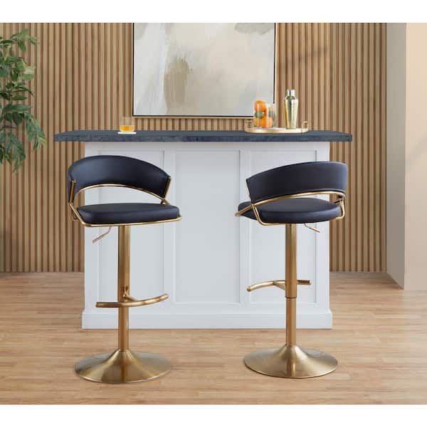 Jie 32.5 in. Black Faux Leather and Gold Metal Adjustable Metal Bar Stool with Rounded T-Footrest (Set of 2)