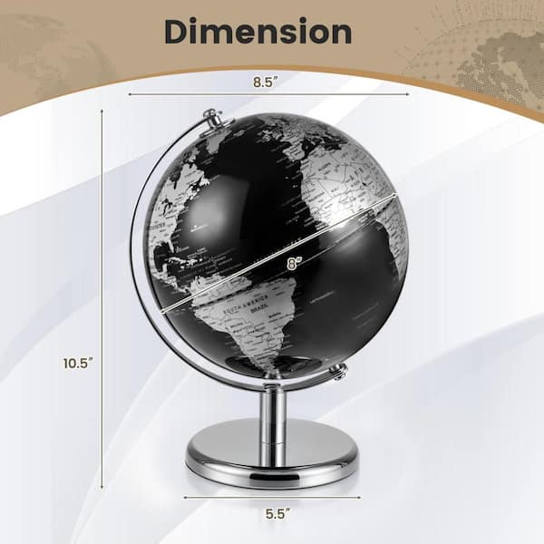 Gymax 10.5 in. Metallic Black World Globe 8-Inch Rotating Earth