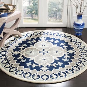Bellagio Navy Blue/Ivory 5 ft. x 5 ft. Round Floral Area Rug