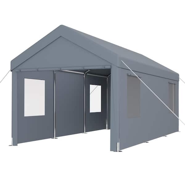 Unbranded Grey 12 ft. W x 20 ft. D x 9.7 ft. H Steel Frame Carport with 2 Roll-Up Doors and 4 Ventilated Windows