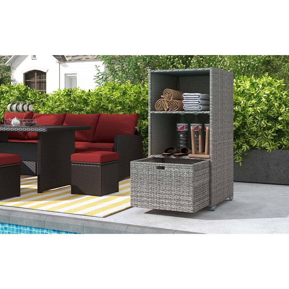 Mixed Gray Wicker Outdoor Storage Cabinet with Shelves