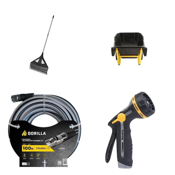 26 in. Dual Tine Poly Rake, 7 cu. ft. Poly Garden Cart, 5/8 in. x 100 ft. Garden Hose and 8-Pattern Nozzle Combo