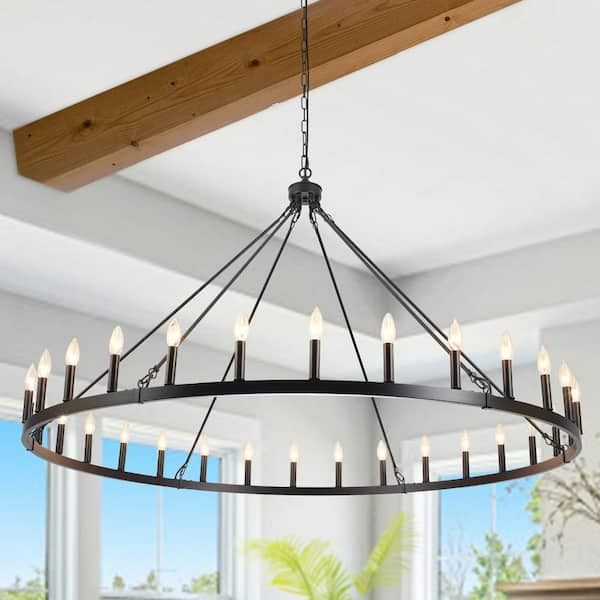 Vyolette 30 - Light 60 in. Matte Black Oversized Modern Farmhouse Candle Wagon Wheel Chandelier for Living Room