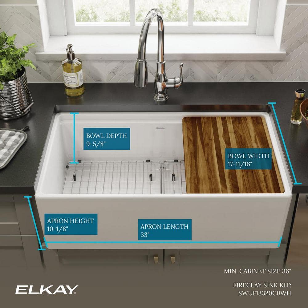 Elkay 33" White Fireclay Single Bowl Farmhouse Sink Kit