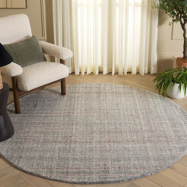 Abstract 6 ft. x 6 ft. Round Gray/Rust Plaid Unitone Area Rug