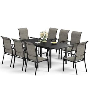 Black 9-Piece Metal Expandable Table Patio Outdoor Dining Set with Padded Textilene Chairs