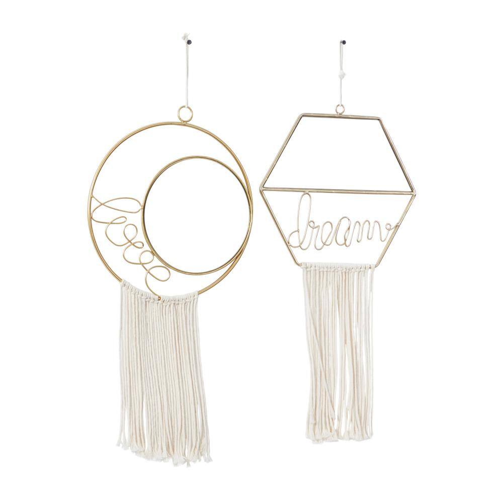 Gold Geometric Wall Mirrors with Fringe Tassels, Set of 2