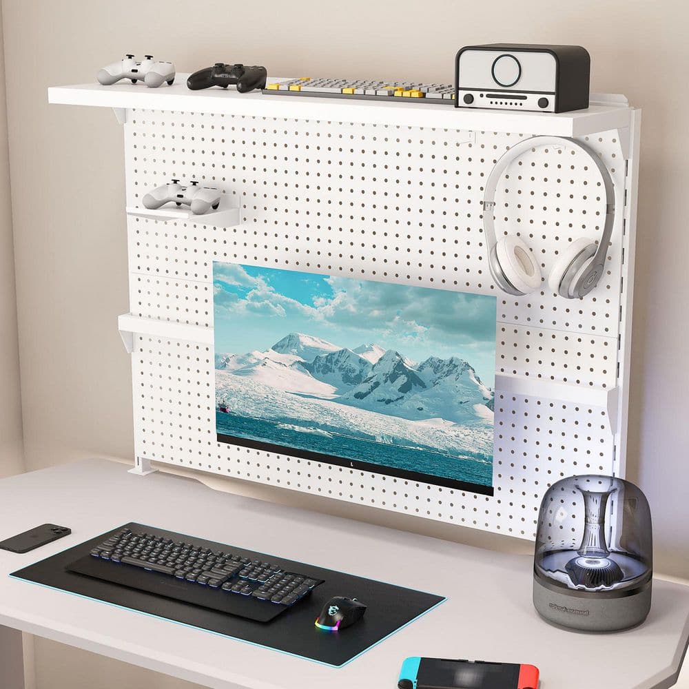 White Metal Clamp-On Pegboard Desk Organizer with Single Monitor Stand, Hooks and Movable Panel price history on PriceWatchPro
