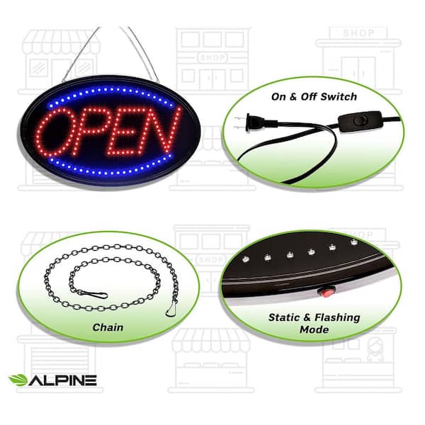 Alpine Industries 23 in. x 14 in. LED Oval Open Sign with Hanging