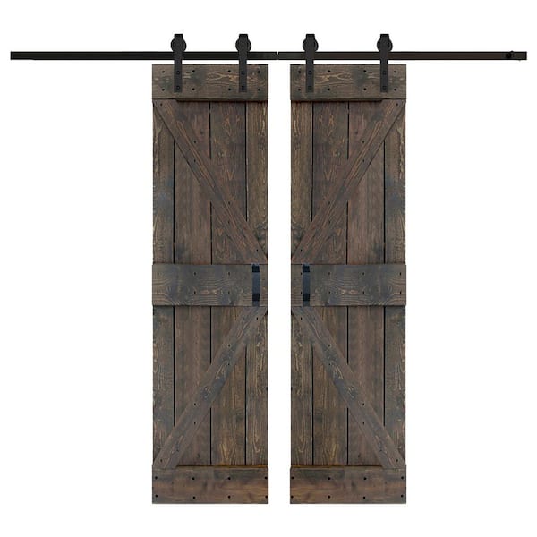 ISLIFE K Series 48 in. x 84 in. Smoky Gray Finished DIY Solid Wood Double Sliding Barn Door with Hardware Kit