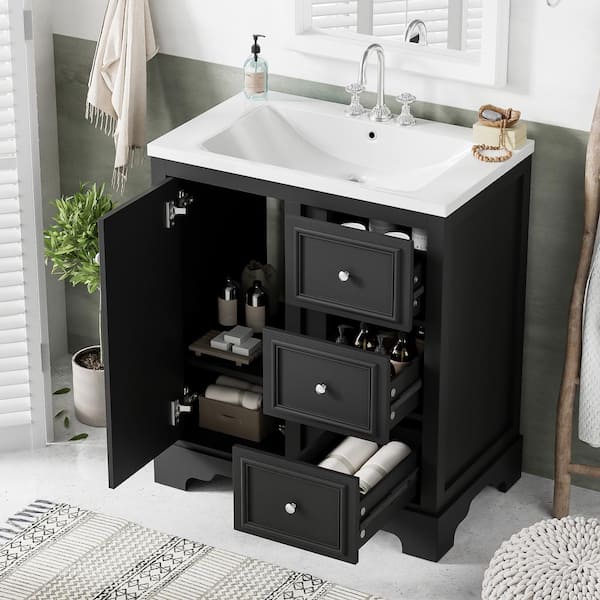 Nestfair 29.96 in. W x 18.46 in. D x 33.7 in. H Single Sink Freestanding Bath Vanity in Black with White Ceramic Top