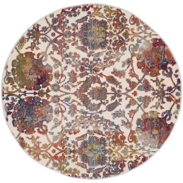 Nourison Global Vintage White/Multi 4 ft. x 4 ft. All-Over Design Transitional Round Area Rug