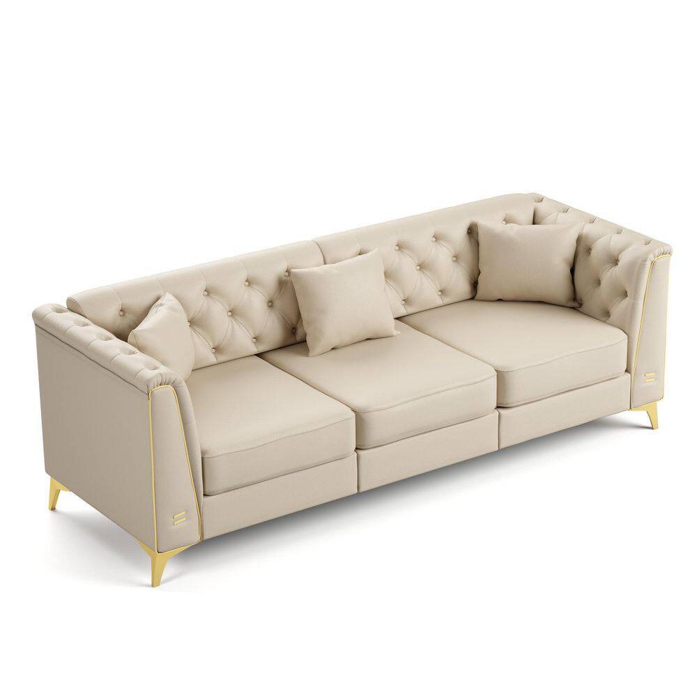 Modern Modular Chesterfield 3-Piece Beige and White Faux Leather Living Room Set with Ottoman and 5 Pillows