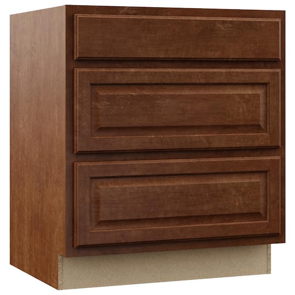 Hampton Bay Hampton 30 in. W x 24 in. D x 34.5 in. H Assembled Drawer Base Kitchen Cabinet in Cognac with Full Extension Glides