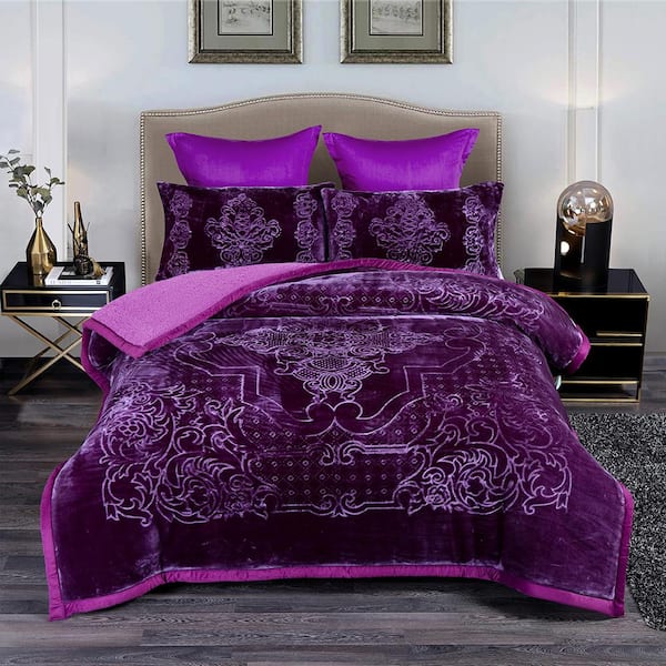 3-Pieces Purple Sherpa Fleece Blanket 79 in. x 91 in.  with 2-Pillow Sham 20 in. x 30 in.