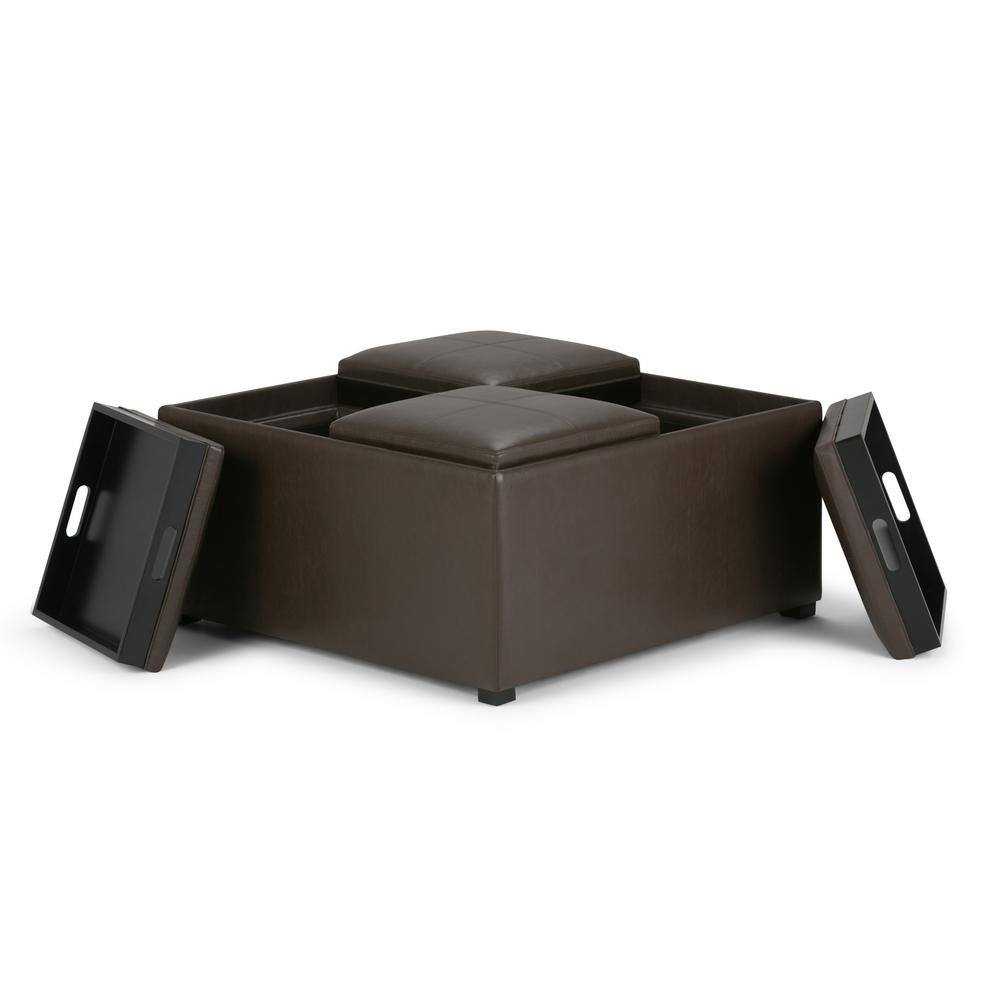 Chocolate Brown Tufted Faux Leather Storage Ottoman with Trays