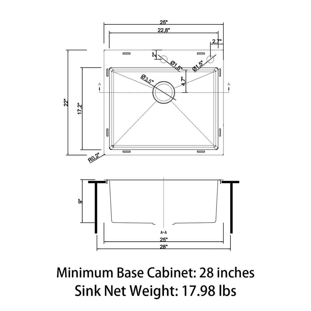 Sinber 25" Black Stainless Steel Single Bowl Kitchen Sink with Drainboard