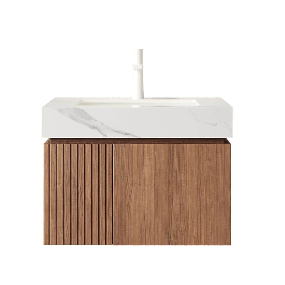 24 in. Floating Brown Oak Bath Vanity with Carrara White Sintered Stone Top and White Ceramic Basin price history on PriceWatchPro