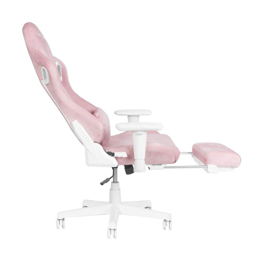 Side view of the pink velvet gaming chair fully reclined with the footrest extended.