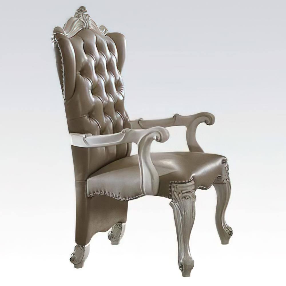 Vintage Gray Faux Leather & Bone White Wood Accent Chair