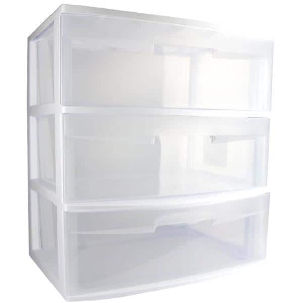 Sterilite Wide 3 Drawer Storage Unit, Clear/White