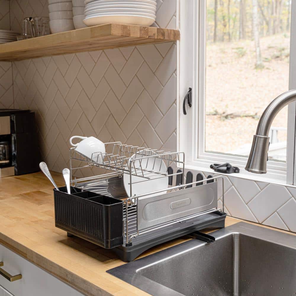 Compact 18.25" Stainless Steel 2-Tier Dish Drying Rack with Utensil Holder