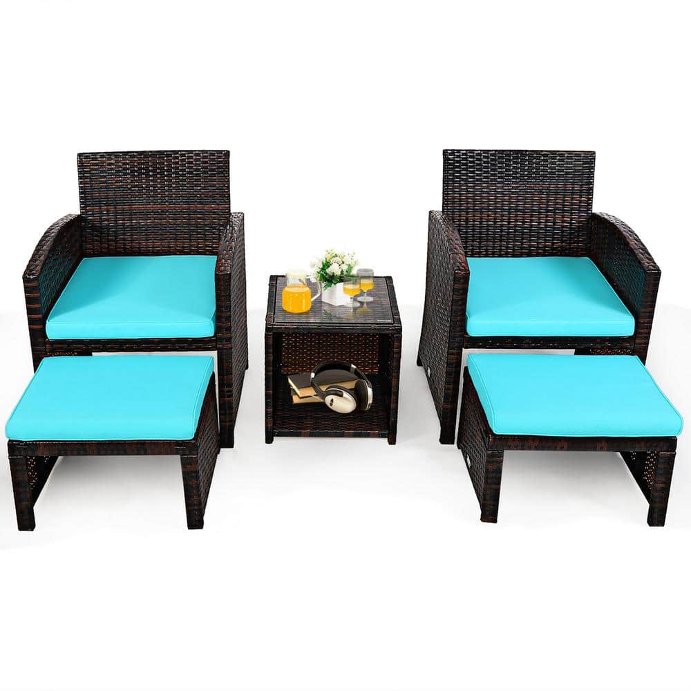 5-Piece Wicker Patio Conversation Set with Turquoise Cushions Sofa Coffee Table Ottoman price history on PriceWatchPro