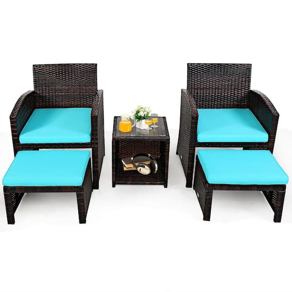 Costway 5-Piece Wicker Patio Conversation Set with Turquoise Cushions Sofa Coffee Table Ottoman