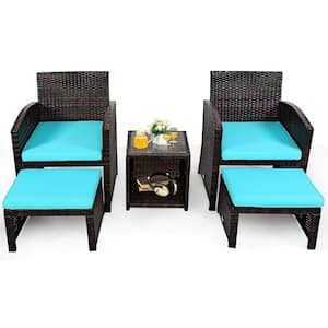 5-Piece Wicker Patio Conversation Set with Turquoise Cushions Sofa Coffee Table Ottoman