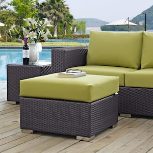 Convene Wicker Outdoor Patio Fabric Square Ottoman in Espresso with Peridot Cushion