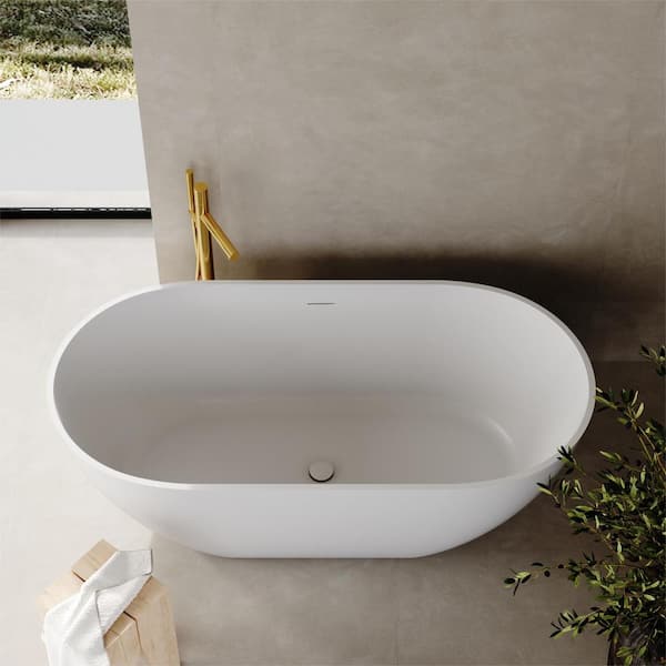 59 in. Stone Resin Oval Flatbottom Non-Whirlpool Freestanding Bathtub  Soaking Tub in Matte White