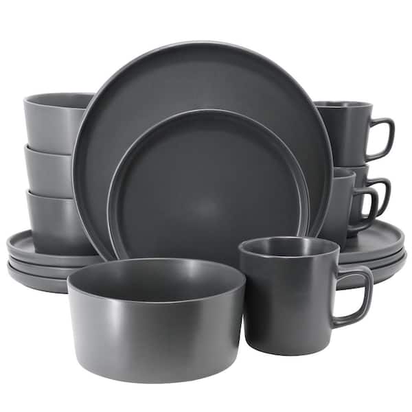 Elama Lux Matte 16-Piece Matte Dark Gray Stoneware Dinnerware Set, Service for 4