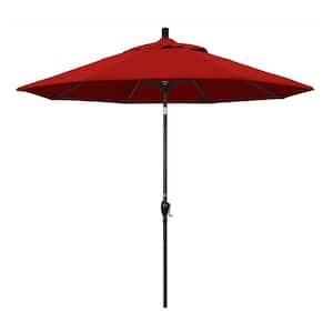 9 ft. Bronze Aluminum Pole Market Aluminum Ribs Push Tilt Crank Lift Patio Umbrella in Jockey Red Sunbrella