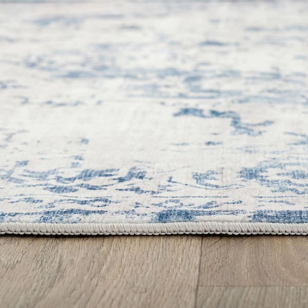 Traditional Vintage Distressed Washable Non Slip Blue 5 ft. x 7 ft. Area Rug