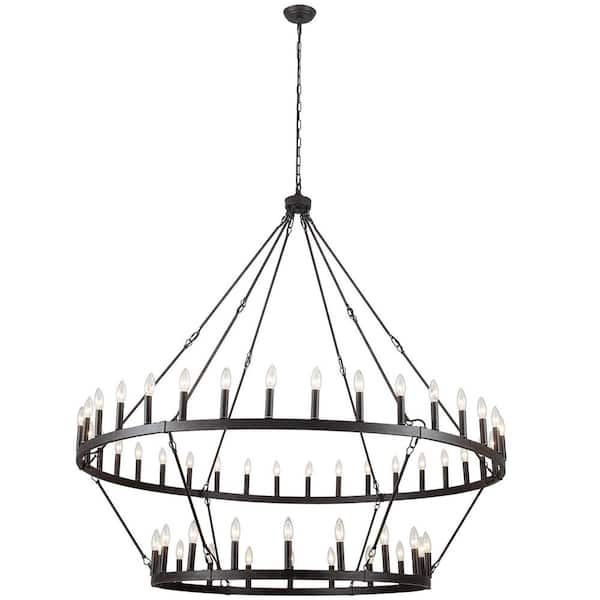 54-Light Antique Black Candlestick Circle Wagon Wheel Chandelier 2-Tier Farmhouse Chandelier Lighting for Kitchen Island