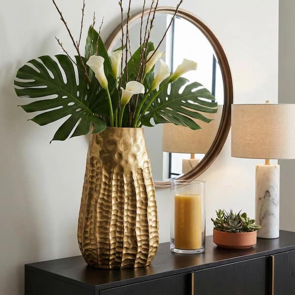 Liv & Skye 17 in. Gold Metal Cylinder Textured Decorative Vase