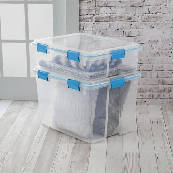 Hefty HI-RISE Clear Plastic Bin with Smoke Blue Lid (6 Pack) - 32 qt  Storage Container with Lid, Ideal Space Saver for Closet Shoe Storage Bins  and