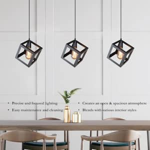 Modern Black Square Pendant Light DIY 1-Light Industrial Kitchen Island Bedroom Hallway Cube Hanging Chandelier (1-Pack)