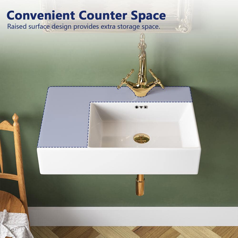 23.43'' White Ceramic Rectangular Wall Mount Bathroom Sink with Overflow