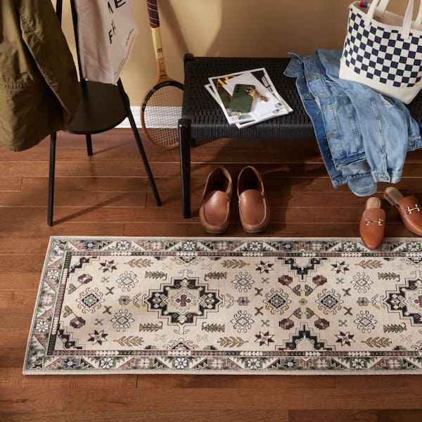 Luxe Livie Forever Vintage Ivory Black 24 in. x 72 in. Machine Washable Runner Kitchen Mat