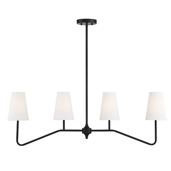 Savoy House 40 in. W x 13 in. H 4-Light Matte Black Linear Chandelier with White Fabric Shades