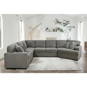 146.5 in. U Shaped Polyester Sectional Sofa in Light Grey with Storage Chaise, Pull-out Bed, Cup Holders