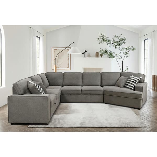 sumyeg 146.5 in. U Shaped Polyester Sectional Sofa in Light Grey with Storage Chaise, Pull-out Bed, Cup Holders