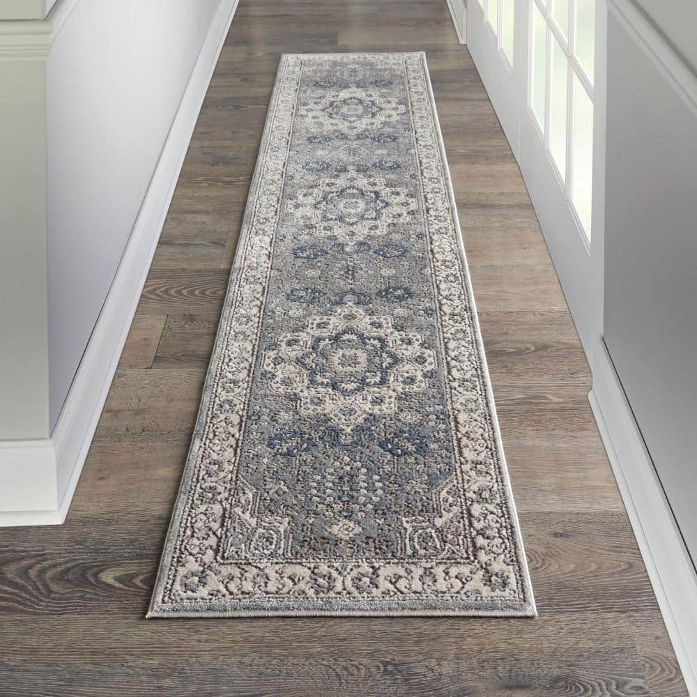 Concerto Grey/Ivory Hand-knotted Synthetic 2'2" x 7'6" Runner Rug