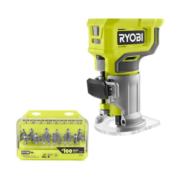 RYOBI ONE+ 18V Cordless Compact Fixed Base Router (Tool Only) with Shank Carbide Router Bit Set (15-Piece)